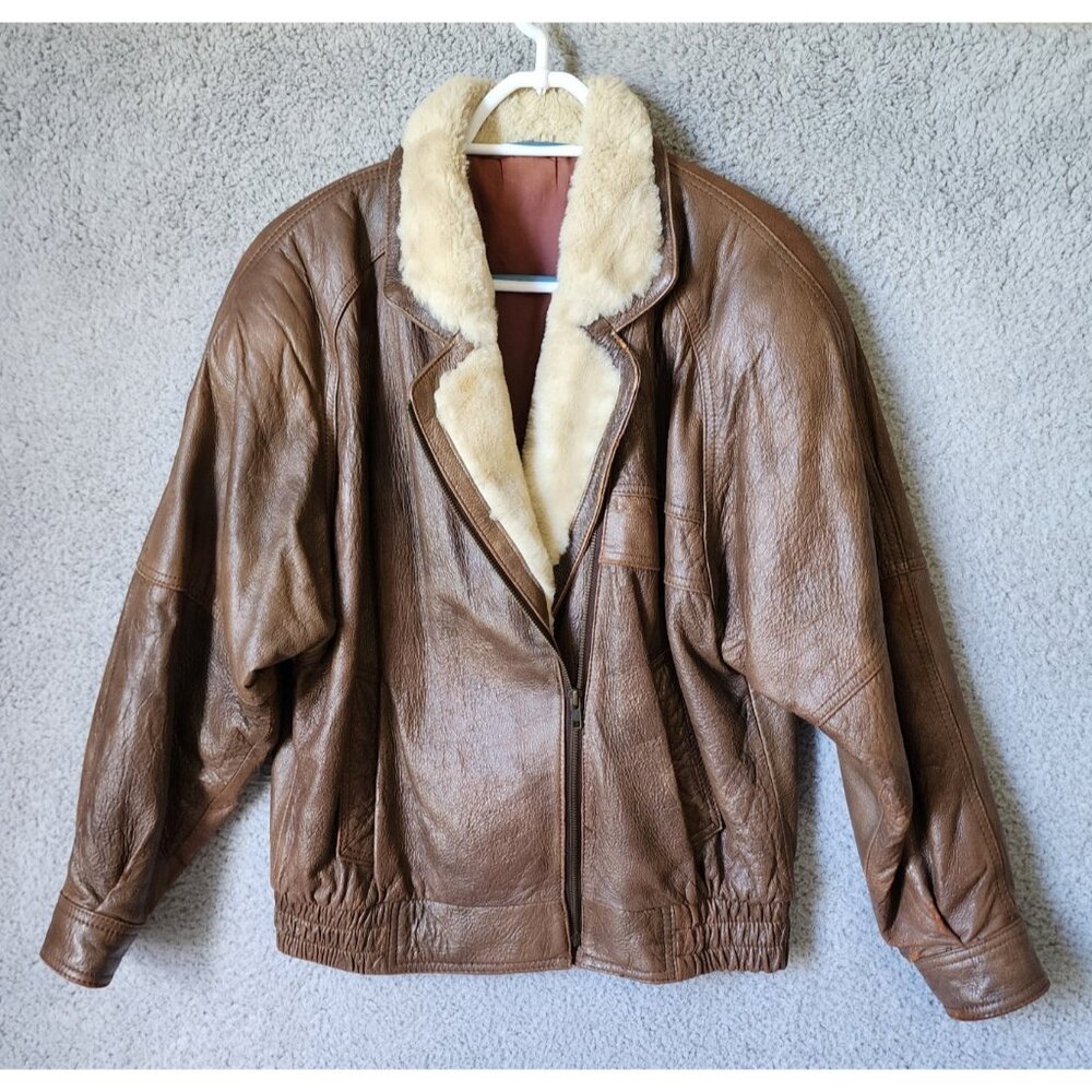 Vtg 100% Leather Aviator Bomber Jacket Faux Fur Double Collar Made in Korea PM